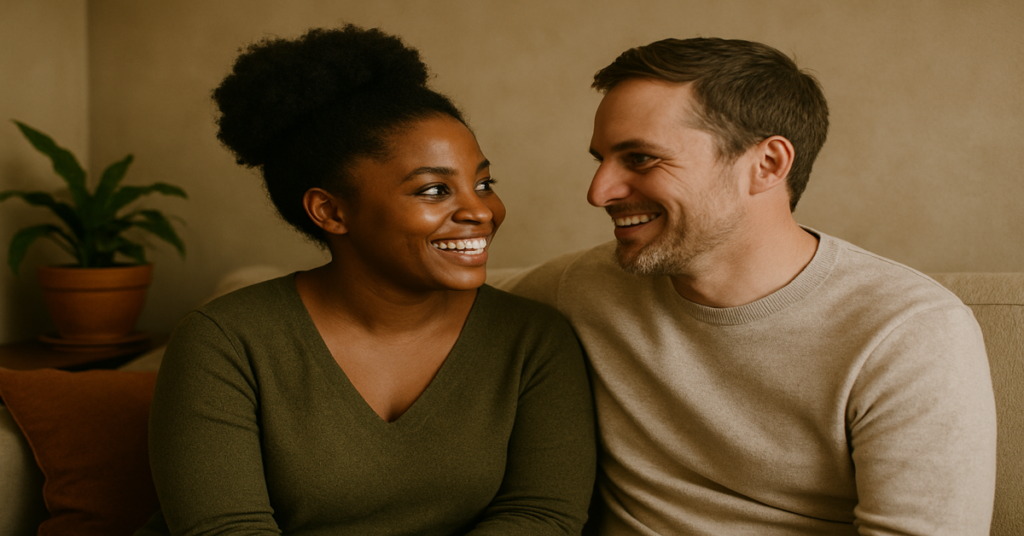 An interracial couple sitting on a beige couch smiling and talking, with natural lighting and a warm, earthy backdrop—used for a blog post about how to talk to your partner about kink with confidence and care.